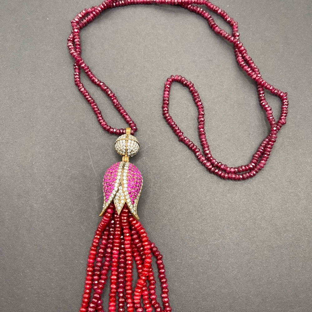Elegant Ruby string with pendant , Sterling silver, antique finish